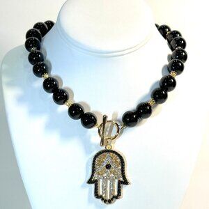 Black 14mm large beads necklace with Hand of fatima Hamsa, Handmade in the USA